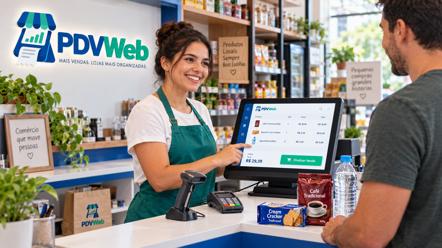 Lojista atendendo um cliente com o PDVWeb no balcão, leitor de código de barras e maquininha de cartão.